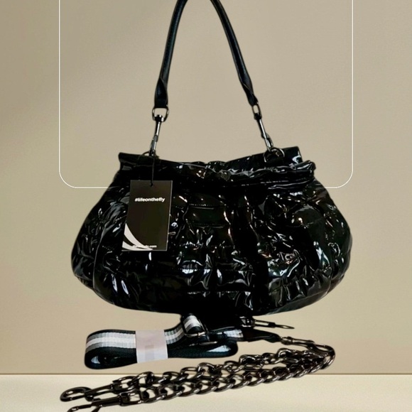 NWT|| THINK ROYLN Shiny Black Shoulder Bag Quilted Carrington 3 straps in 1 Bag - Picture 1 of 6